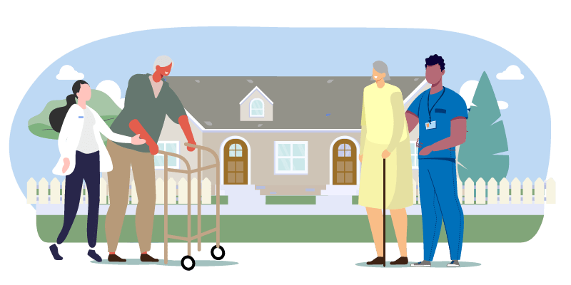 elderly couple outside of home with nurses illustration